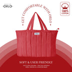 HOUSE OF ORLO Premium Cotton Waffle Quilted Tote Bag, Large Spacious Handbag for College, Office, Work, Travel, Shopping & Daily Use - Red