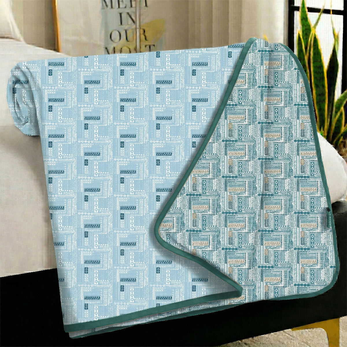 Story@Home AC Comforter King Size Cotton 100%| 150GSM 225 x 240CM Quilt AC Blanket for Summer| AC Comforter Double Bed | Dark Cyan Blue & Light Blue, Aztec Reversible Design Duvet | All-Season Blanket Kafalo