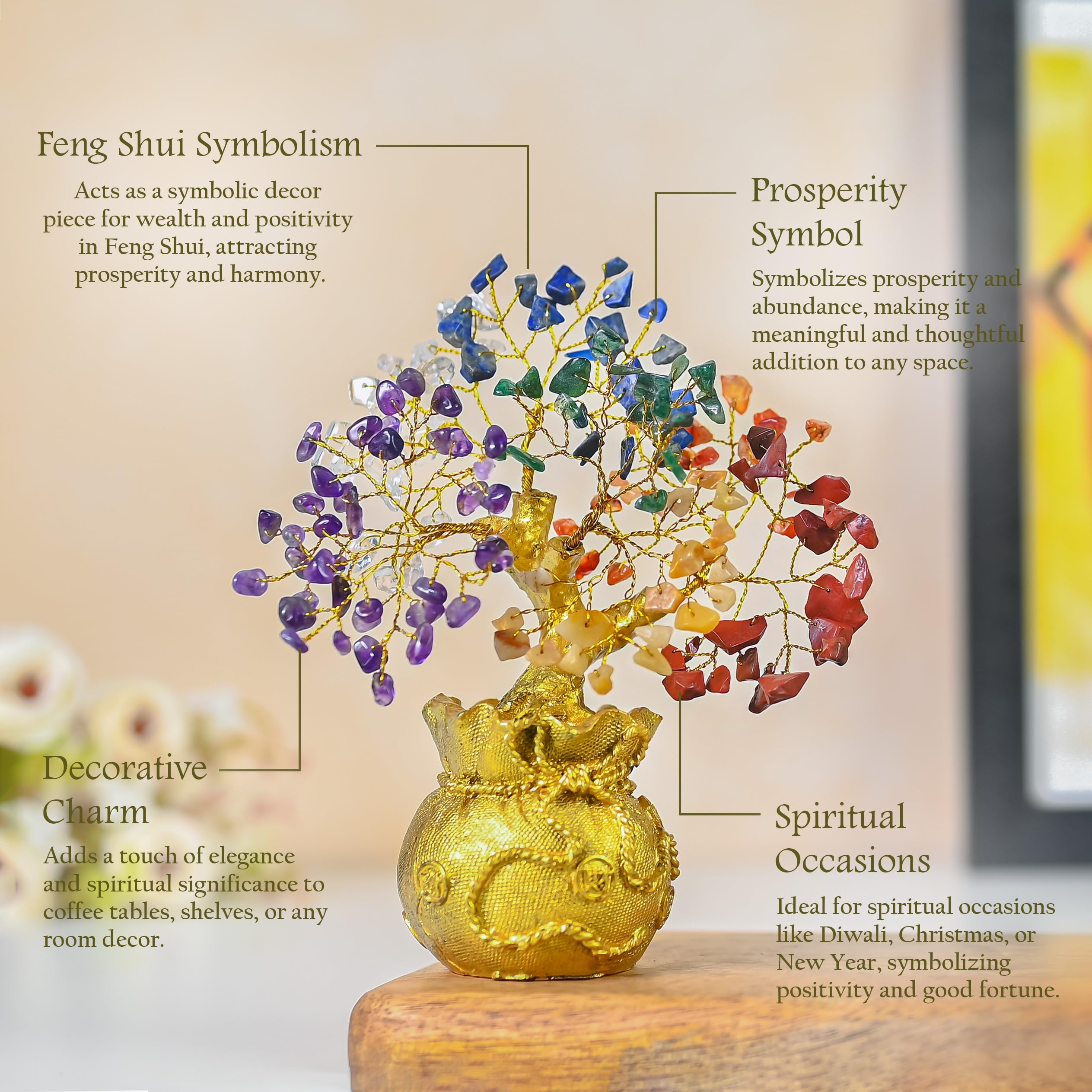 Crocon 7 Chakra Crystal Bonsai Tree with Golden Money Bag Base – Healing Gemstone Tree for Wealth, Prosperity & Positive Energy – Feng Shui Good Luck Home Decor & Rakhi Gift (7x3 Inch)