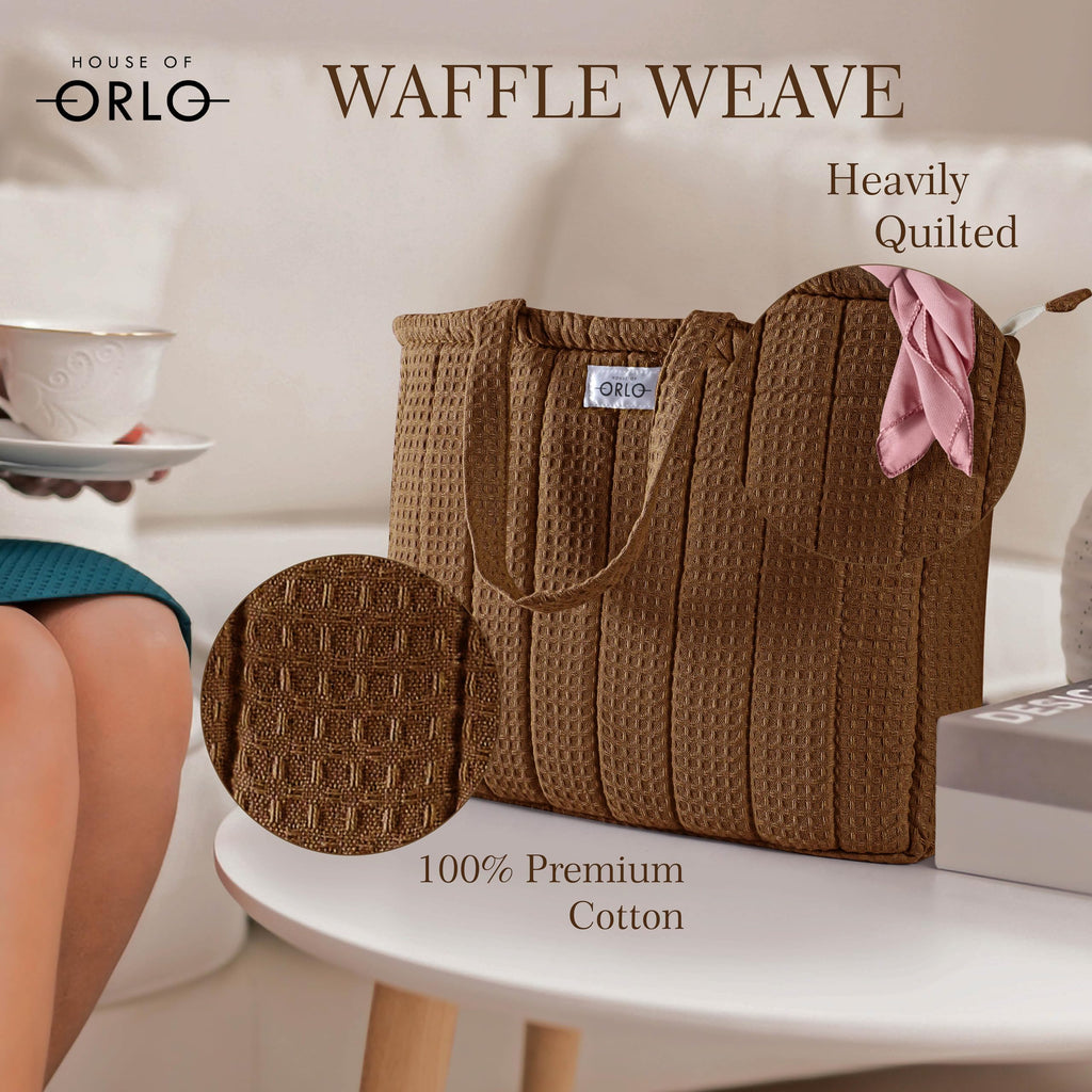HOUSE OF ORLO Premium Cotton Waffle Quilted Tote Bag, Large Spacious Handbag for College, Office, Work, Travel, Shopping & Daily Use - Brown