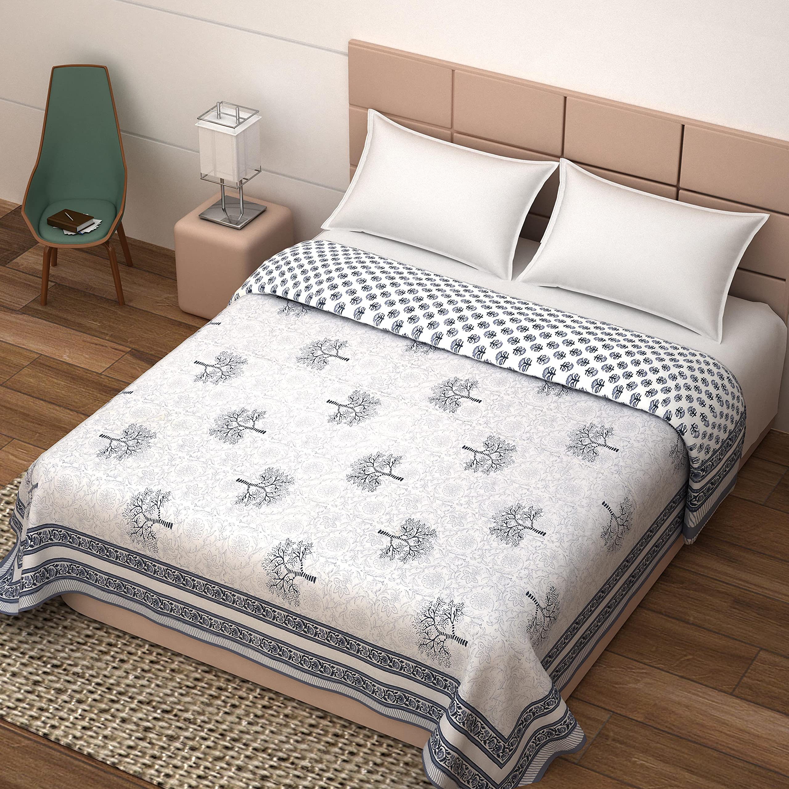 BLOCKS OF INDIA 100% Cotton Dohar King Size Reversible Hand Block Printed Malmal Summer Dohar/Blanket (Grey Tree) Kafalo