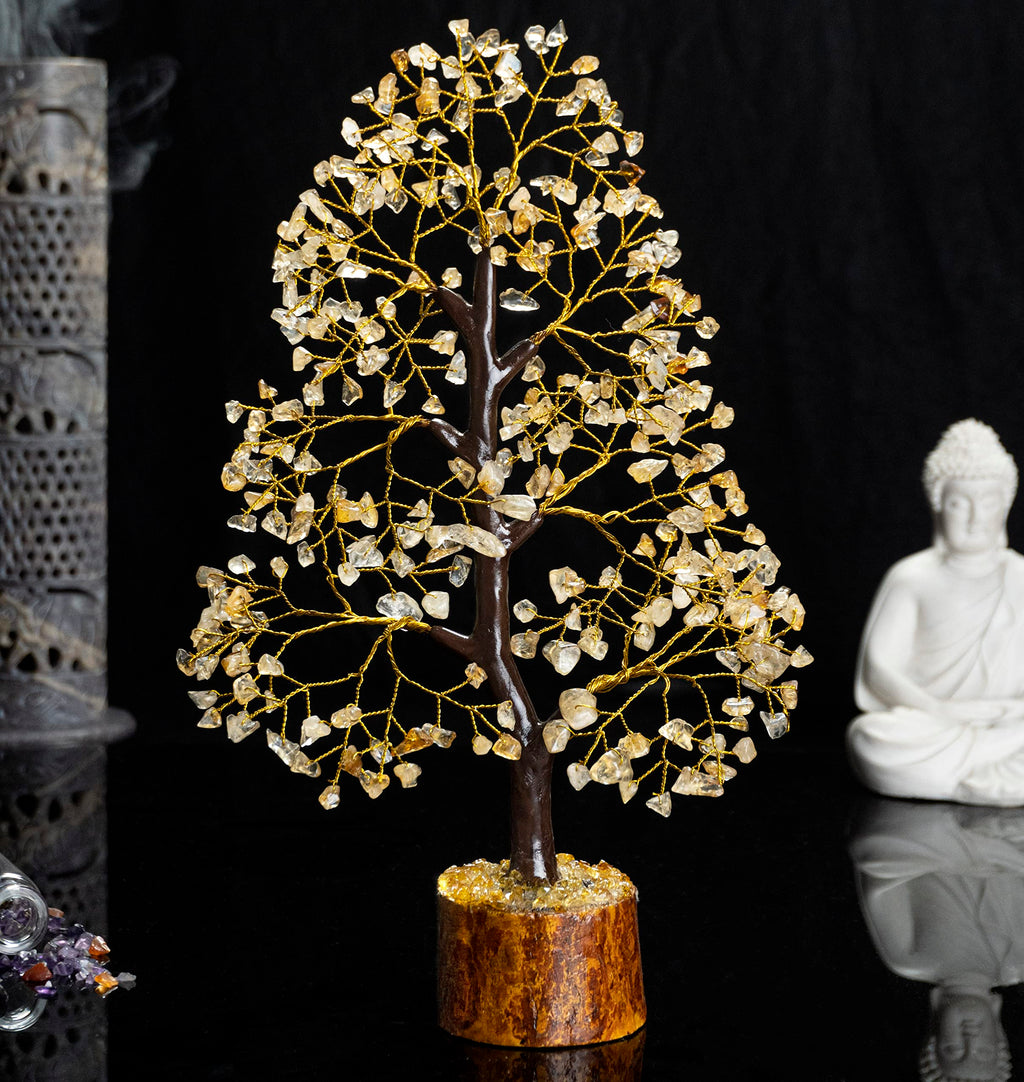 HindCraft Citrine Gemstone Crystal Tree Good Luck Showpiece for Home Decor Items Crystals Gemstones Bonsai Money Tree for Good Luck, Decoration Gift Item, Golden Wire, 10-12 inch