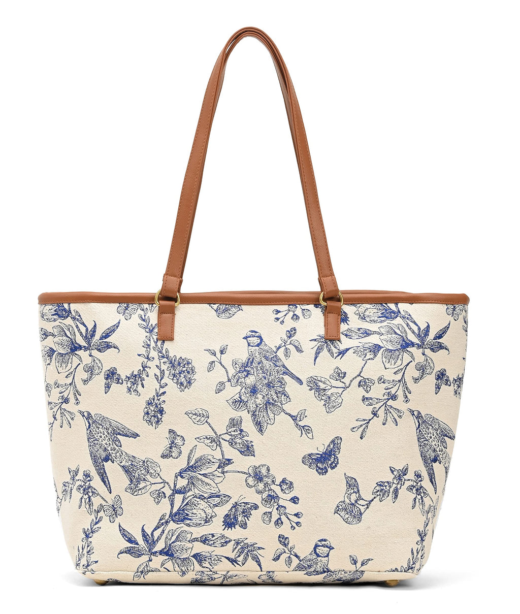 Boho Girl Toile Floral Tote Bag for Women/Girl | Handbags with Double Handle | Printed Totes for Women | Ladies Purse Handbag | College Bag for Girls (Blue)