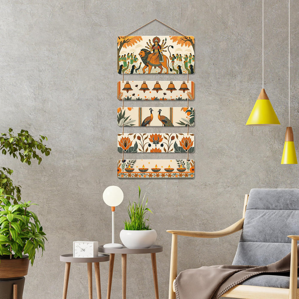 Artvibes Maa Durga Diyas Flowers & Peacock Auspicious Wooden Art Work Wall Hanging | Spiritual Decor Items | Spiritual Decor Items | Wall Sculpture | Signs & Plaques | Gift Items (WH_6718N)