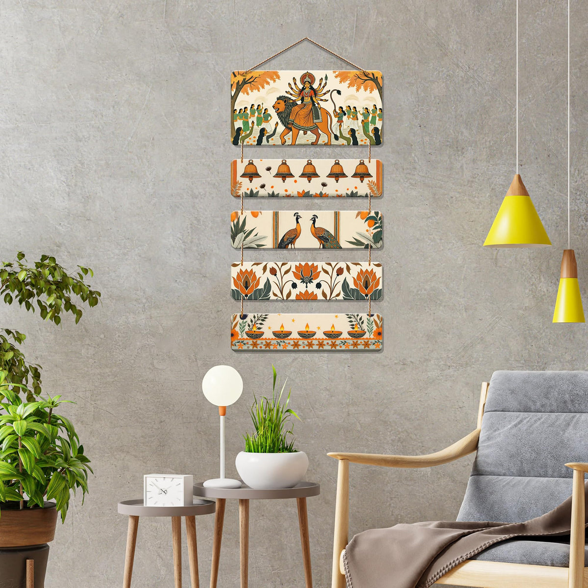 Artvibes Maa Durga Diyas Flowers & Peacock Auspicious Wooden Art Work Wall Hanging | Spiritual Decor Items | Spiritual Decor Items | Wall Sculpture | Signs & Plaques | Gift Items (WH_6718N)