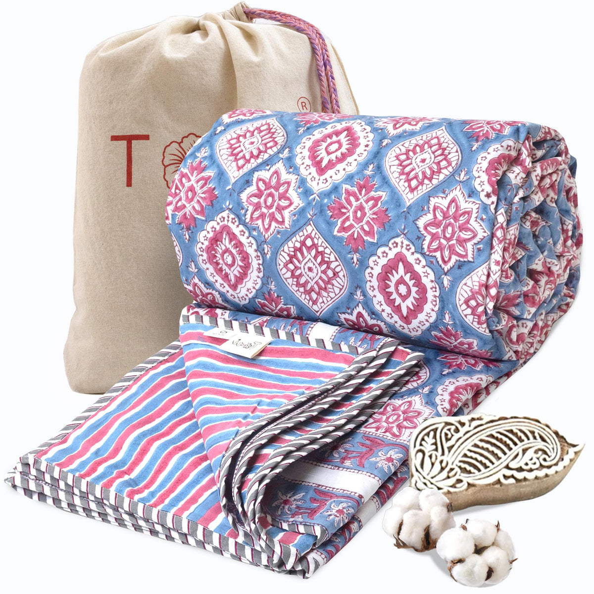TOAIArt Premium Jaipuri Dohar | AC Blanket Summer Quilt | Hand Block Printed | 3 Layers | Reversible | 150GSM 100% Mulmul Cotton | 100% Cotton Flannel Filling | King 108 X 90 |Spanish Villa Kafalo