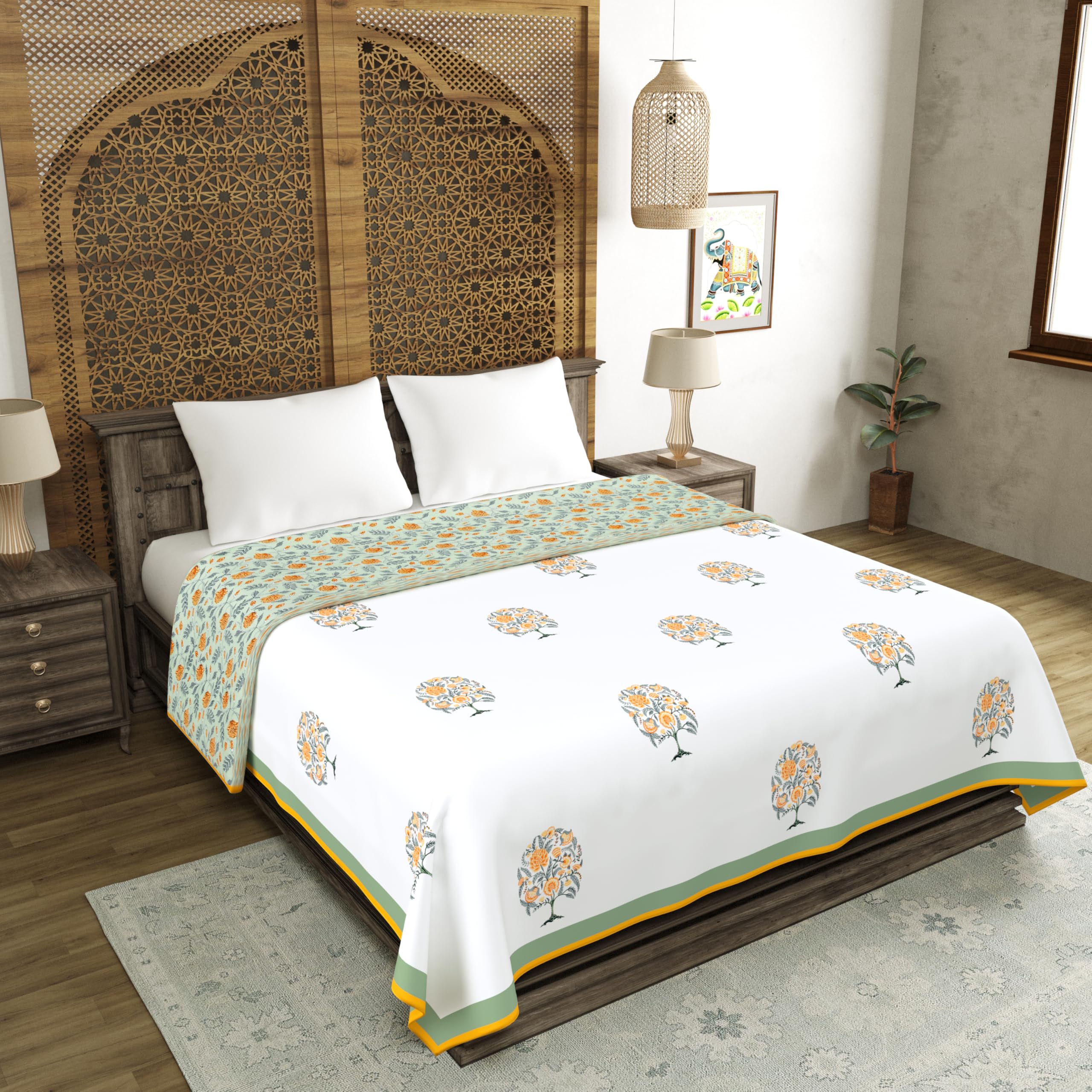 BLOCKS OF INDIA 100% Cotton Dohar King Size Reversible Hand Block Printed Malmal Summer Dohar/Blanket (Green Tree of Life) Kafalo