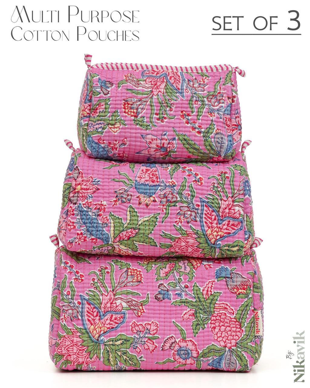 NIKAVIK 1 Tote Bag and 3 Pouches | Jaipuri Quilted fabric Handblock Printed Tote Bag (with zip closure and bottle compartment) with Matching Pouches (Pink Multi)