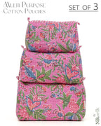 NIKAVIK 1 Tote Bag and 3 Pouches | Jaipuri Quilted fabric Handblock Printed Tote Bag (with zip closure and bottle compartment) with Matching Pouches (Pink Multi)