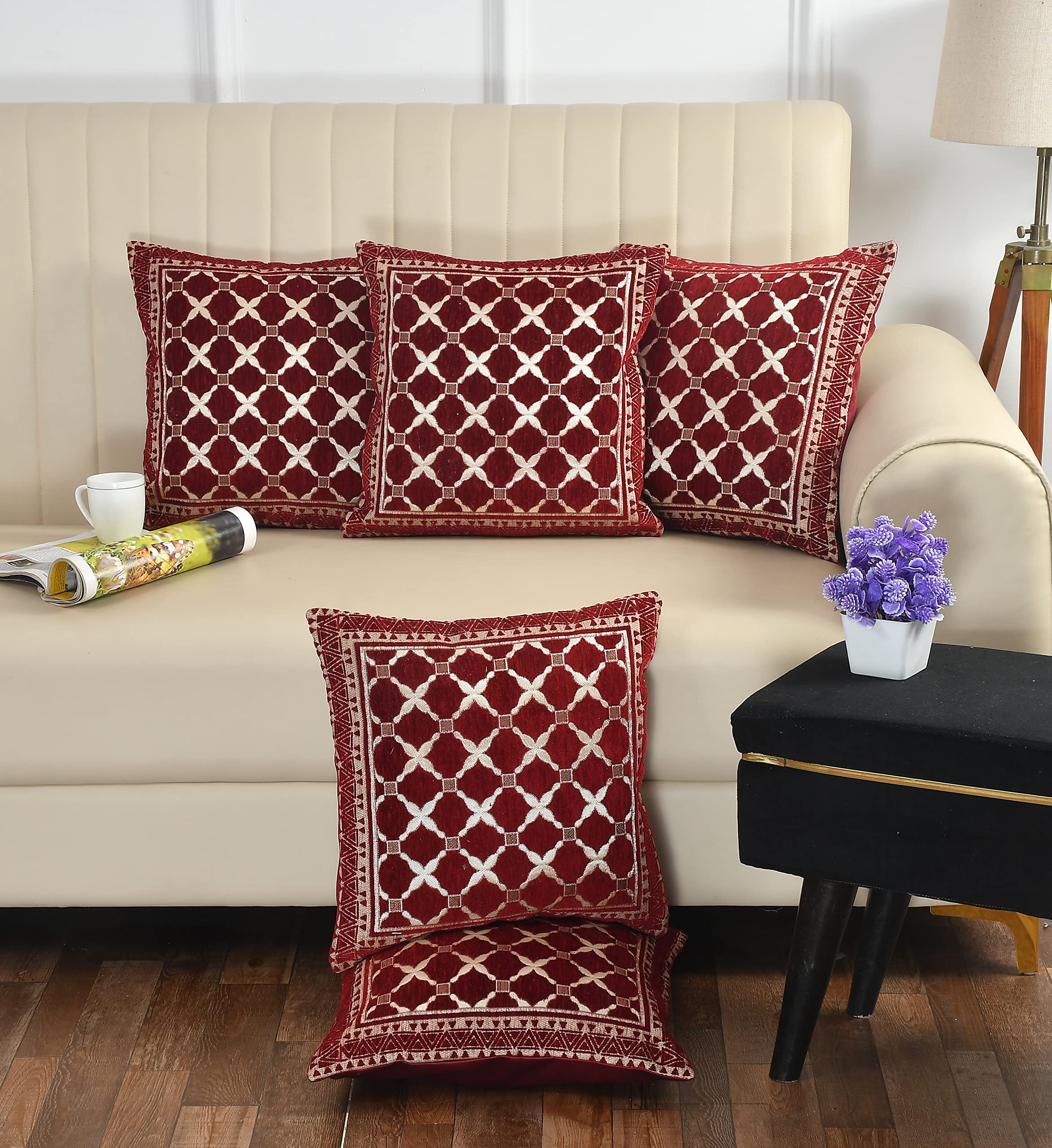 DECOMIZER Jacquard Geomteric Cushion Covers 16 Inch X 16 Inch Set Of 5 Ethnic Motifs 240 TC Cushion Covers,Design- Criss-Cross,Color- Maroon