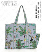 NIKAVIK Quilted Cotton Tote bag – Exotic Animal Print Foldable and Ideal for Travel Shopping Beach Trips or Daily Essentials (Grey)