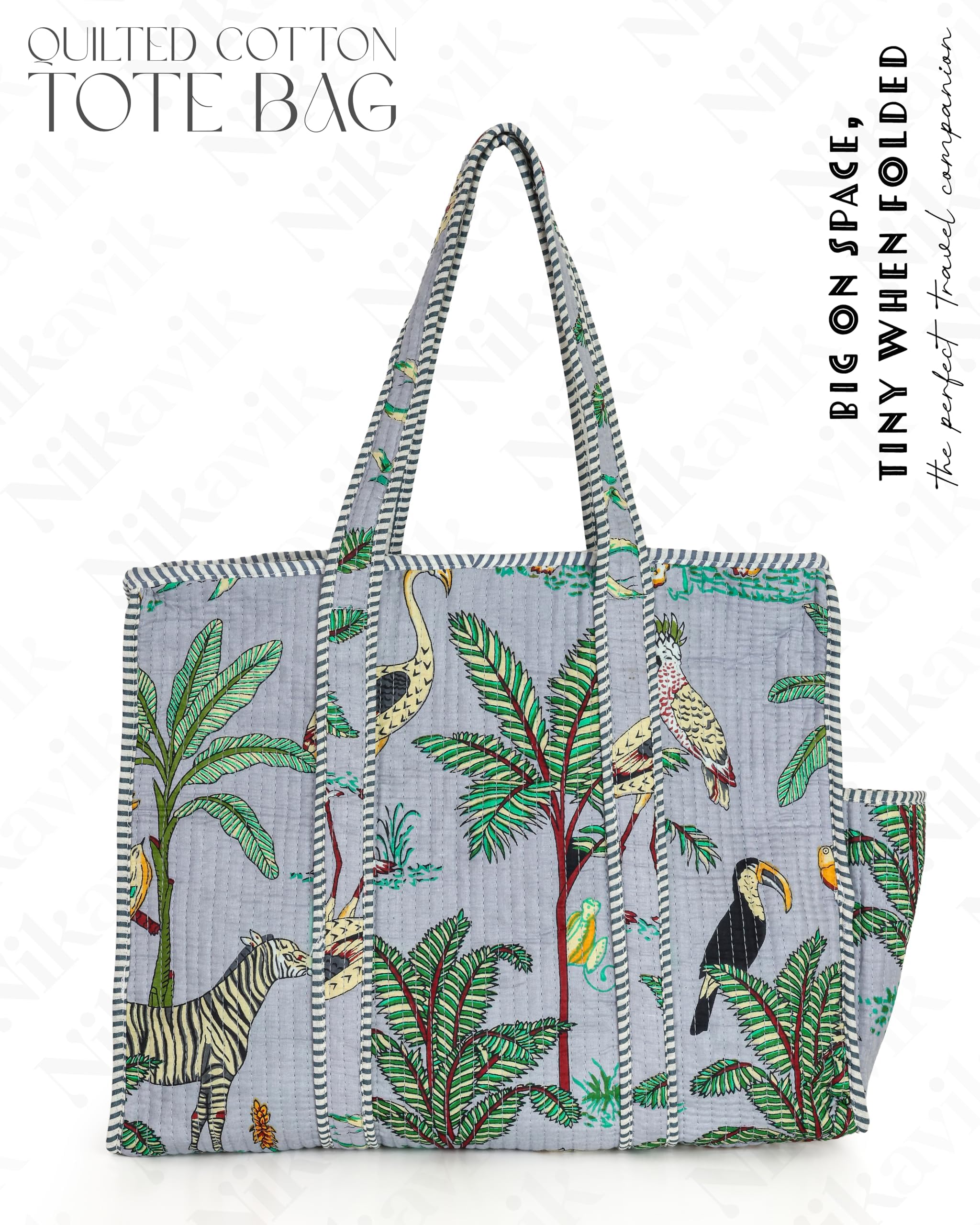 NIKAVIK Quilted Cotton Tote bag – Exotic Animal Print Foldable and Ideal for Travel Shopping Beach Trips or Daily Essentials (Grey)