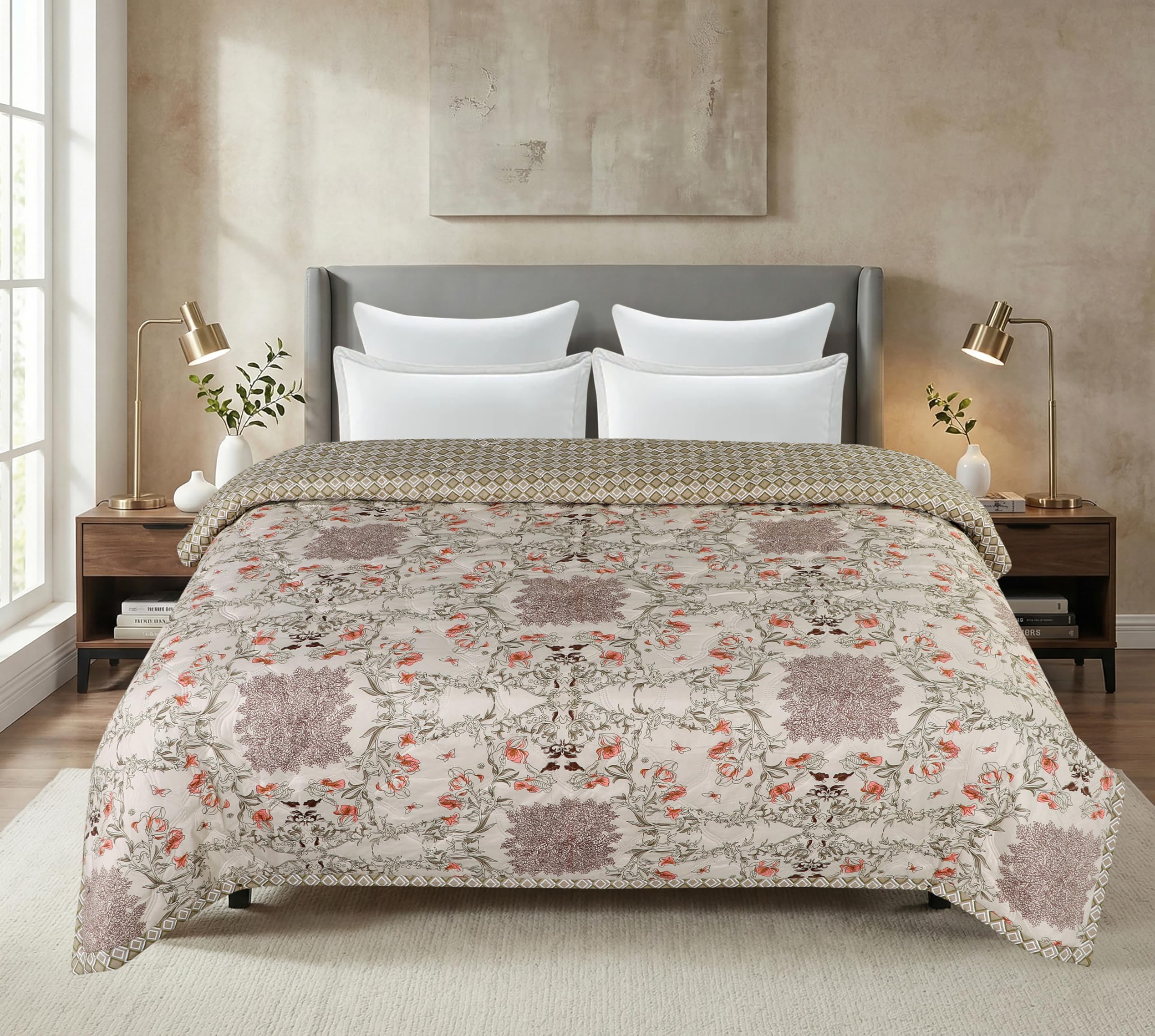 A HOMES GRACE Reversible Dohar Comforter for Single Size Bed(160x220 cm)|Lightweight AC Blanket Quilt with Beige with red Floral Print|Microfiber Soft Bedding for Home & Travel Kafalo