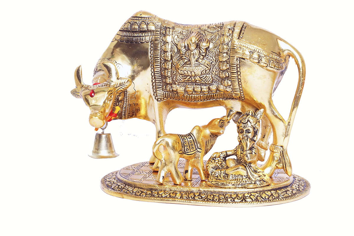 KridayKraft Kamdhenu Cow,Calf with Bal Gopal Krishna Metal Statue for Good Luck,Feng Shui As Table Top Figurine,Vastu,Religious Gau MATA Idol Home,Office&Table