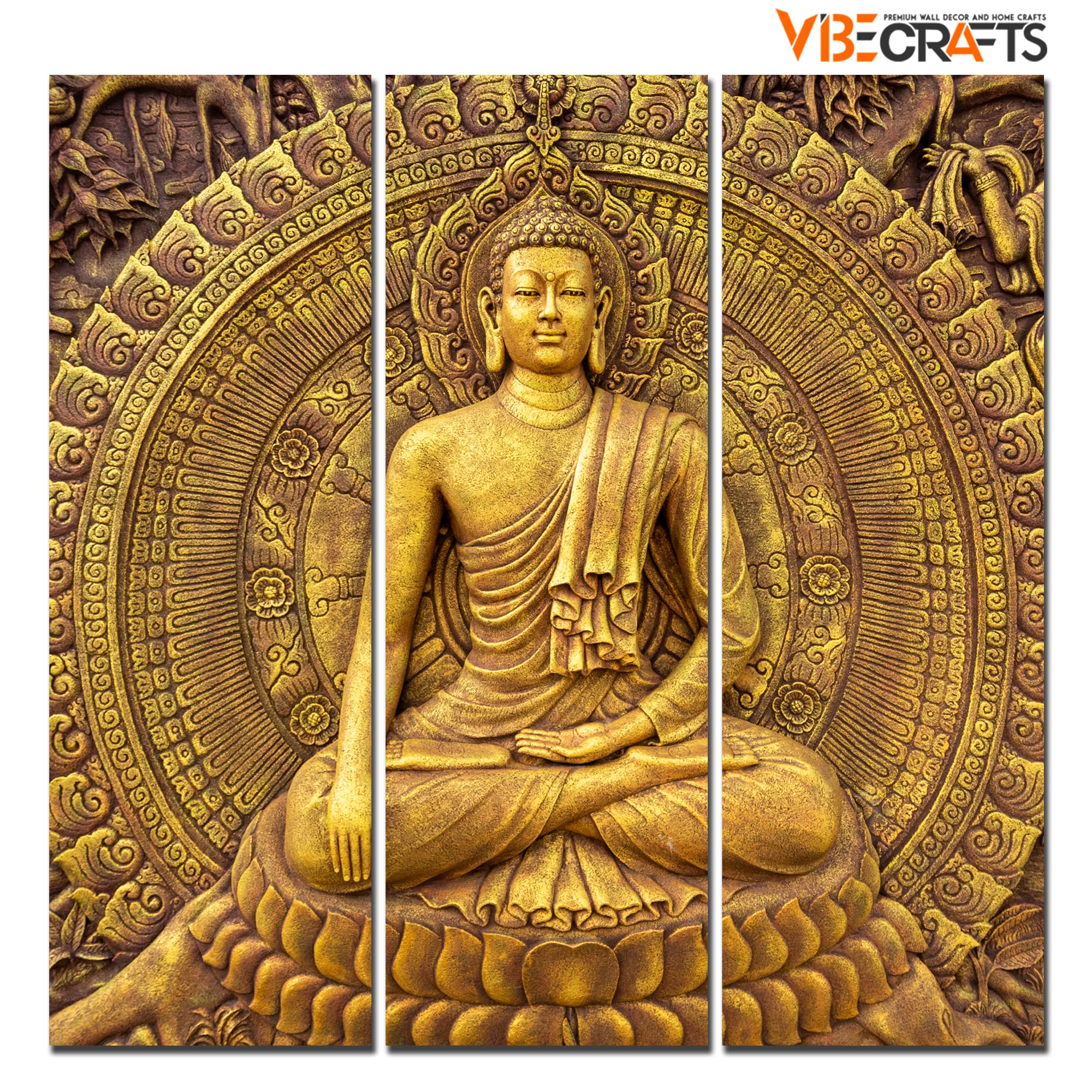 VIBECRAFTS 3 Pieces Spiritual Buddha Canvas Wall Painting Fitted With Wooden Frame For Home | Office | Living Room | Gifts (PTVC3Pcs1_9599)