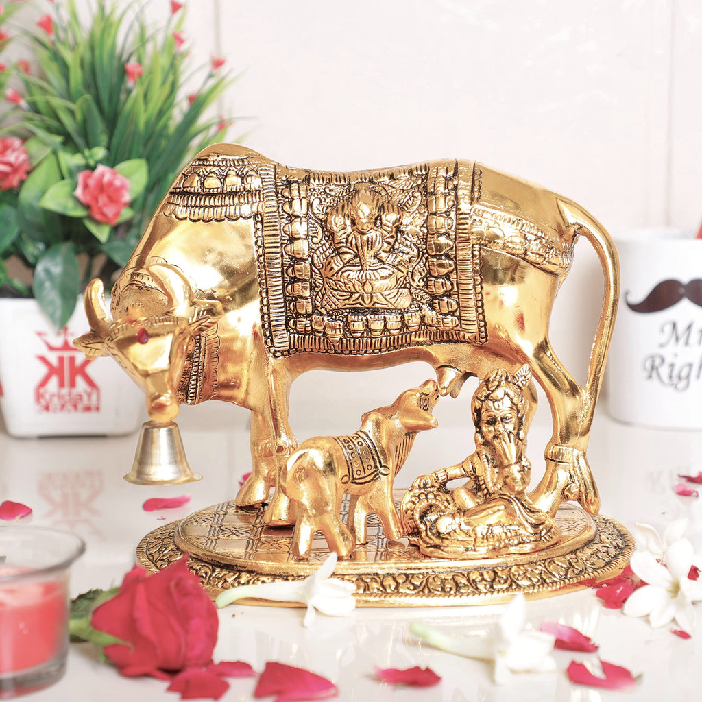 KridayKraft Kamdhenu Cow,Calf with Bal Gopal Krishna Metal Statue for Good Luck,Feng Shui As Table Top Figurine,Vastu,Religious Gau MATA Idol Home,Office&Table