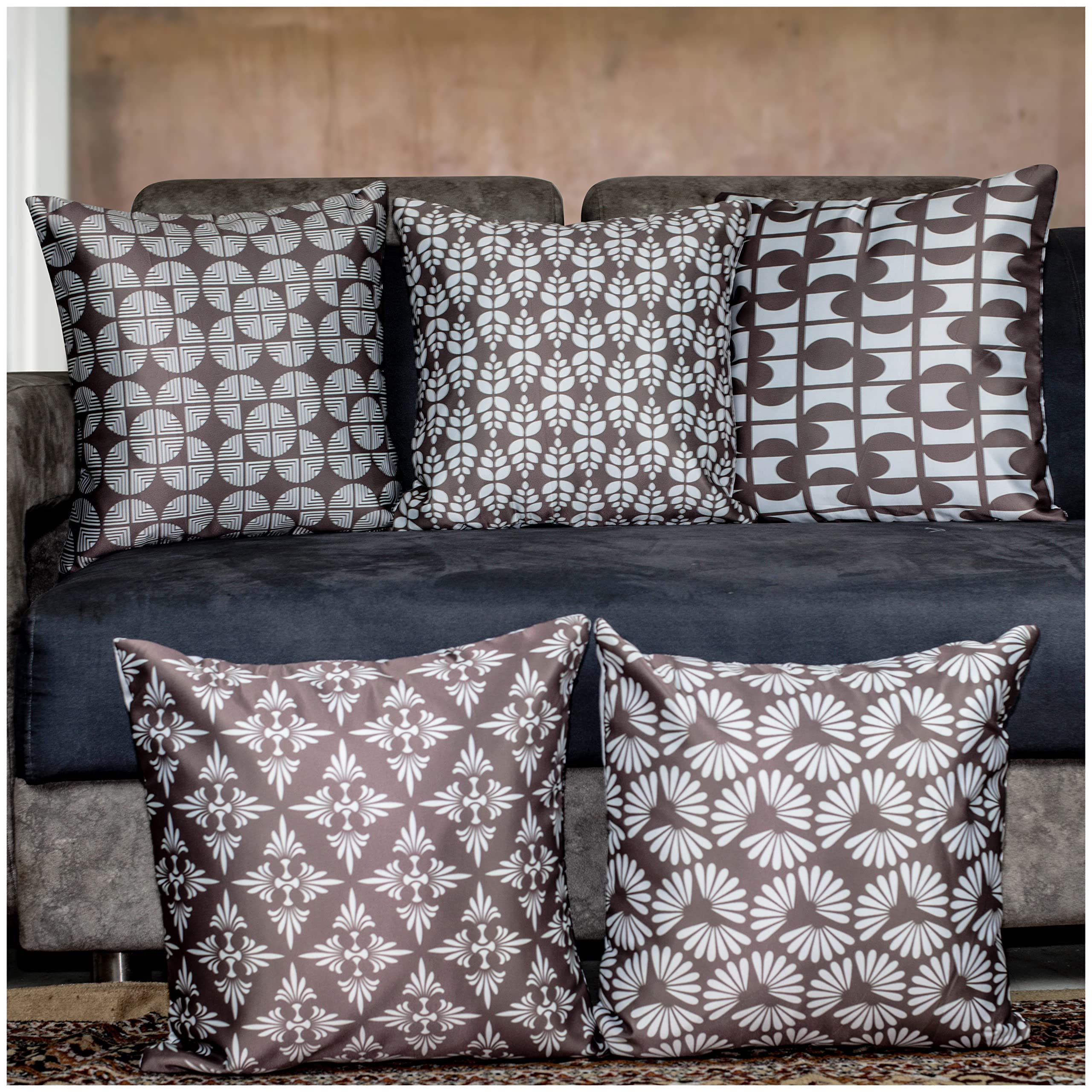 Vendola Decorative Satin Sofa Cushion Covers Set of 5, 16 inch x 16 inch, Sofa Cushion Pillow Cover, White and Brown, Geometrical Design, Zipper Closure (Cedar, 16X16 Inches)