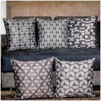 Vendola Decorative Satin Sofa Cushion Covers Set of 5, 24 Inch x 24 Inch, Sofa Cushion Pillow Cover, White and Brown, Geometrical Design, Zipper Closure (Cedar, 24X24 Inches)