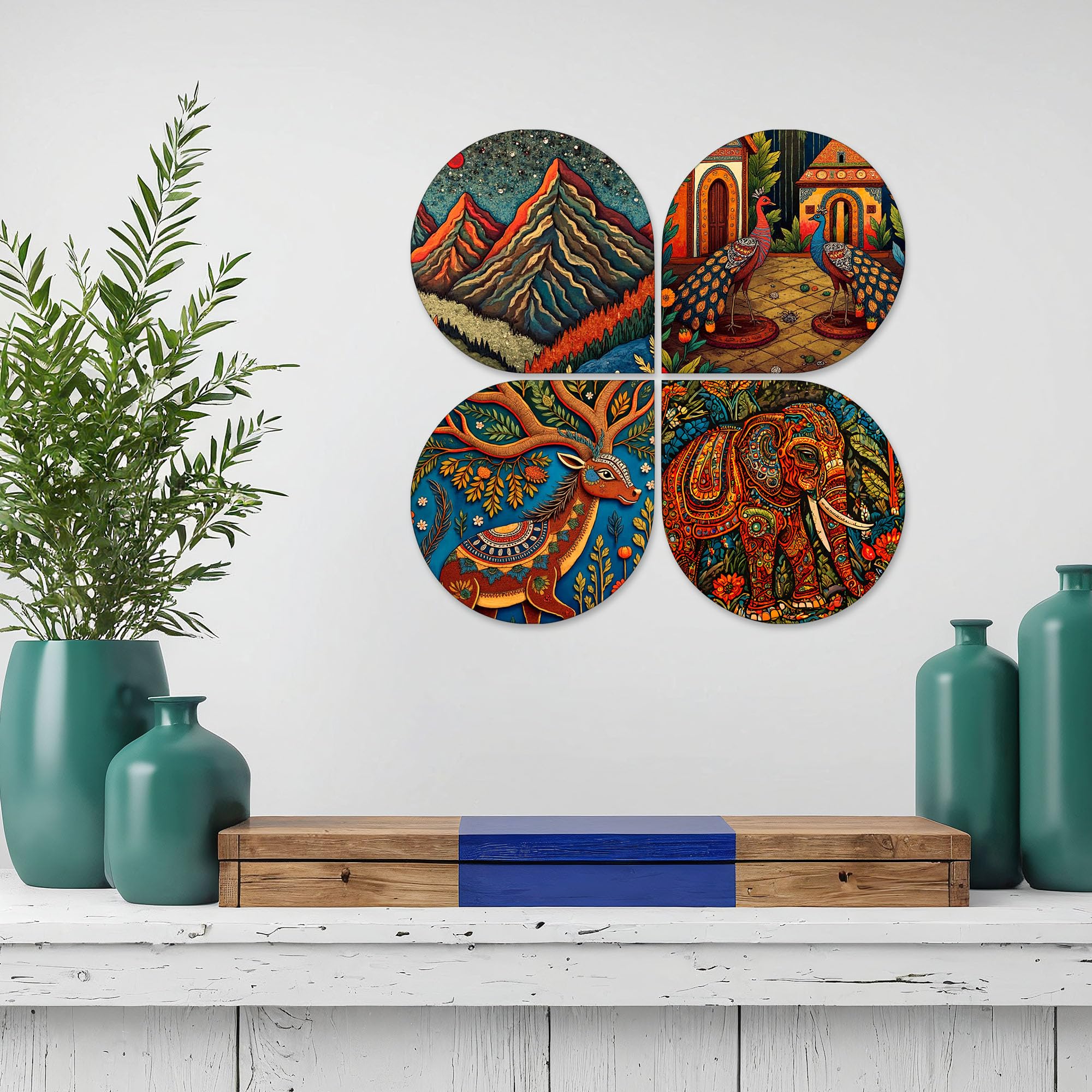Artvibes Nature & Wildlife Wooden Art Decoration Item for Home | Living Room | Office | Cafe | Painting Wall Decor | Aesthetic Wooden Decor | Handcrafted Art | Ideal Gifts (WH_8452N), Set of 4