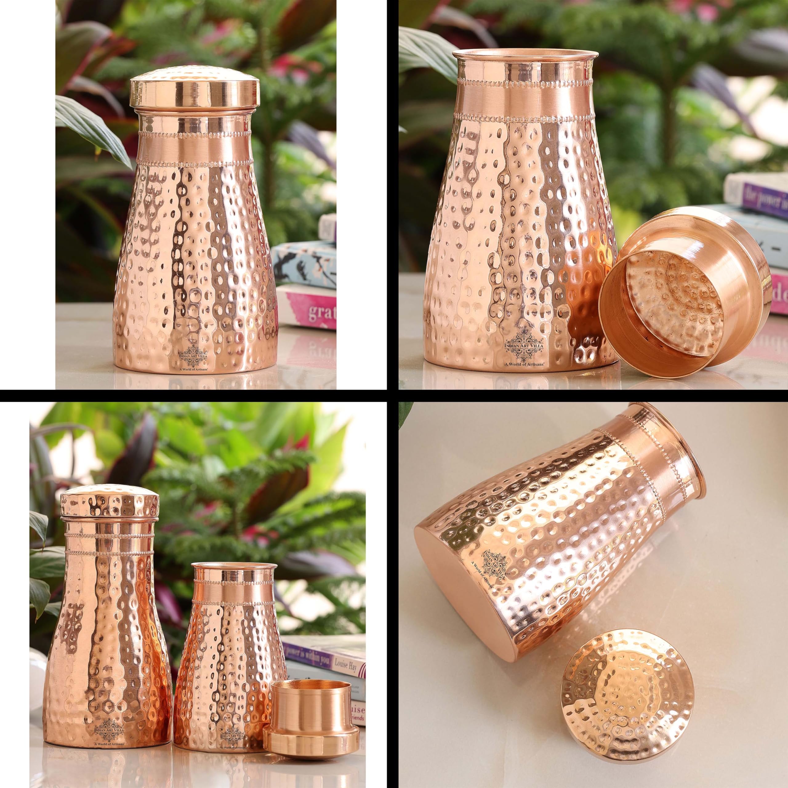 INDIAN ART VILLA Copper Hammered Shine Design Bedroom Water Bottle with Lid, Volume - 600 ML, Pack of 1