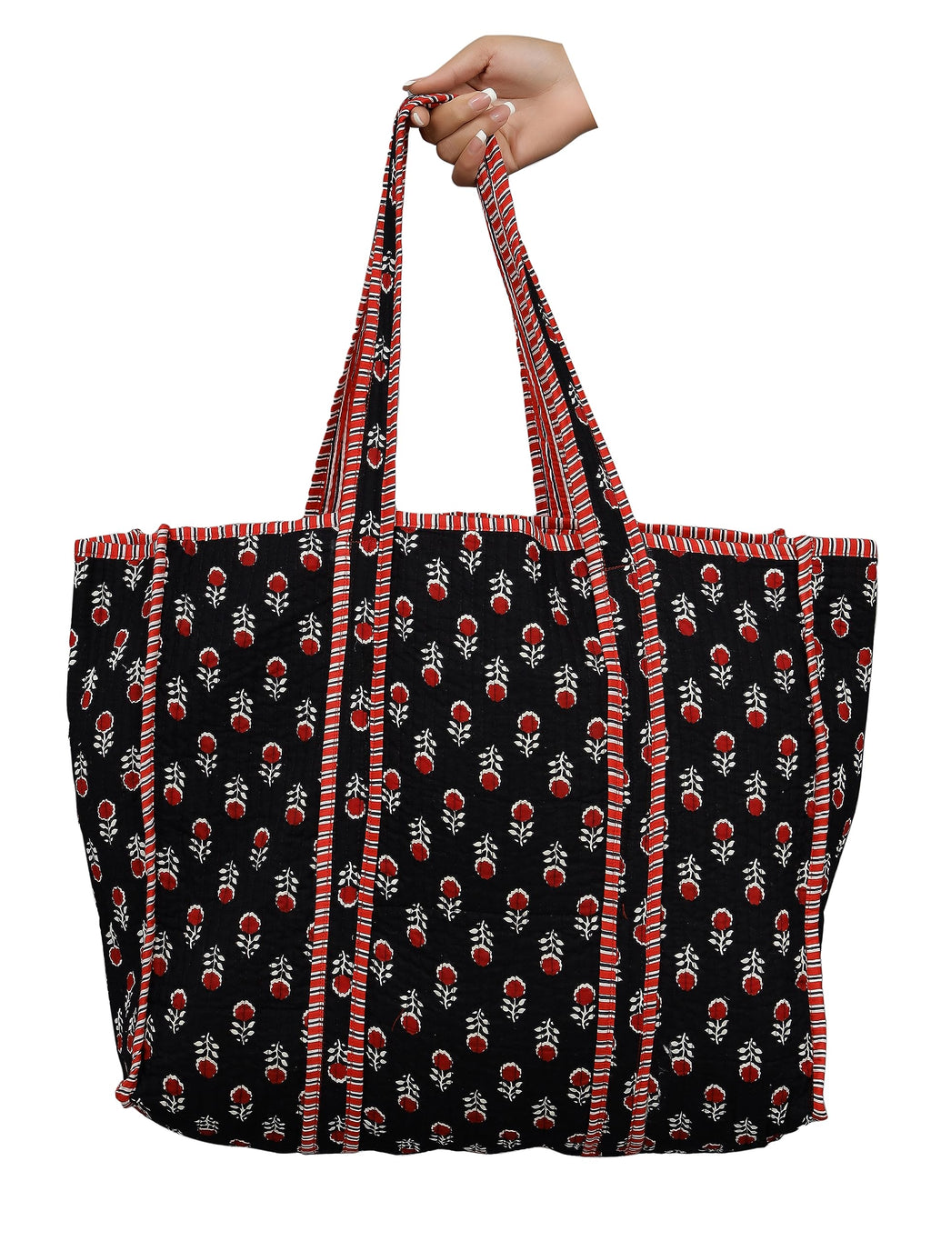 Ravaiyaa - Attitude is everything Women & Man Beautiful Printed Cotton Grocery Shopping Bag | Shoulder Bag | Cotton Tote Bag | Travel Tote Bags 18x5.5x16 Inch (Black Red Floral)
