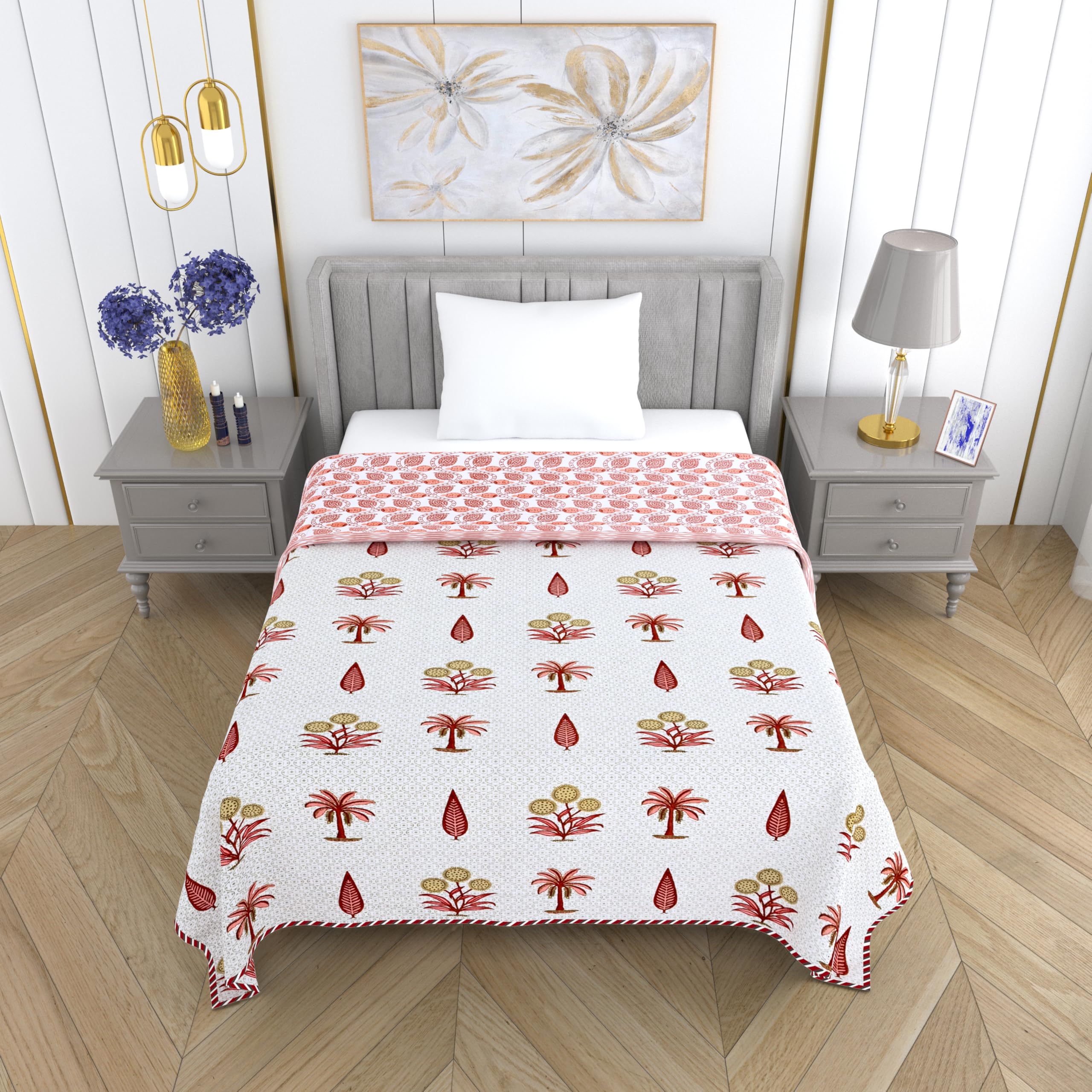 Mafatlal Royal Dohar Single Bed, 300 GSM Cambric Cotton, Reversible AC Comfort Blanket, Soft & Lightweight Cotton Blanket for Single Bed, 152 x 228 cm, Soft Red Kafalo