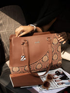 ZOUK Office Essential Bag | Jute | Vegan Leather Handcrafted Tote Bag With Double Handle Shoulder Strap | Jodhpur Damask