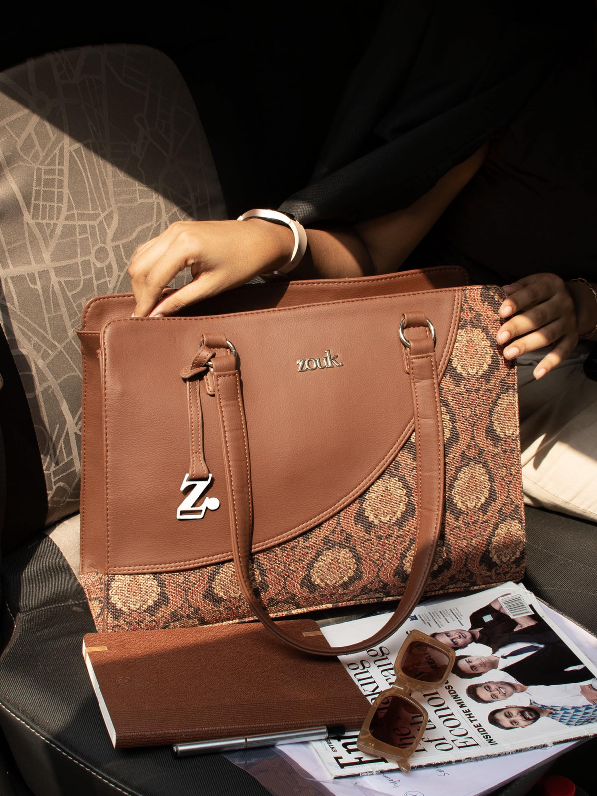 ZOUK Office Essential Bag | Jute | Vegan Leather Handcrafted Tote Bag With Double Handle Shoulder Strap | Jodhpur Damask