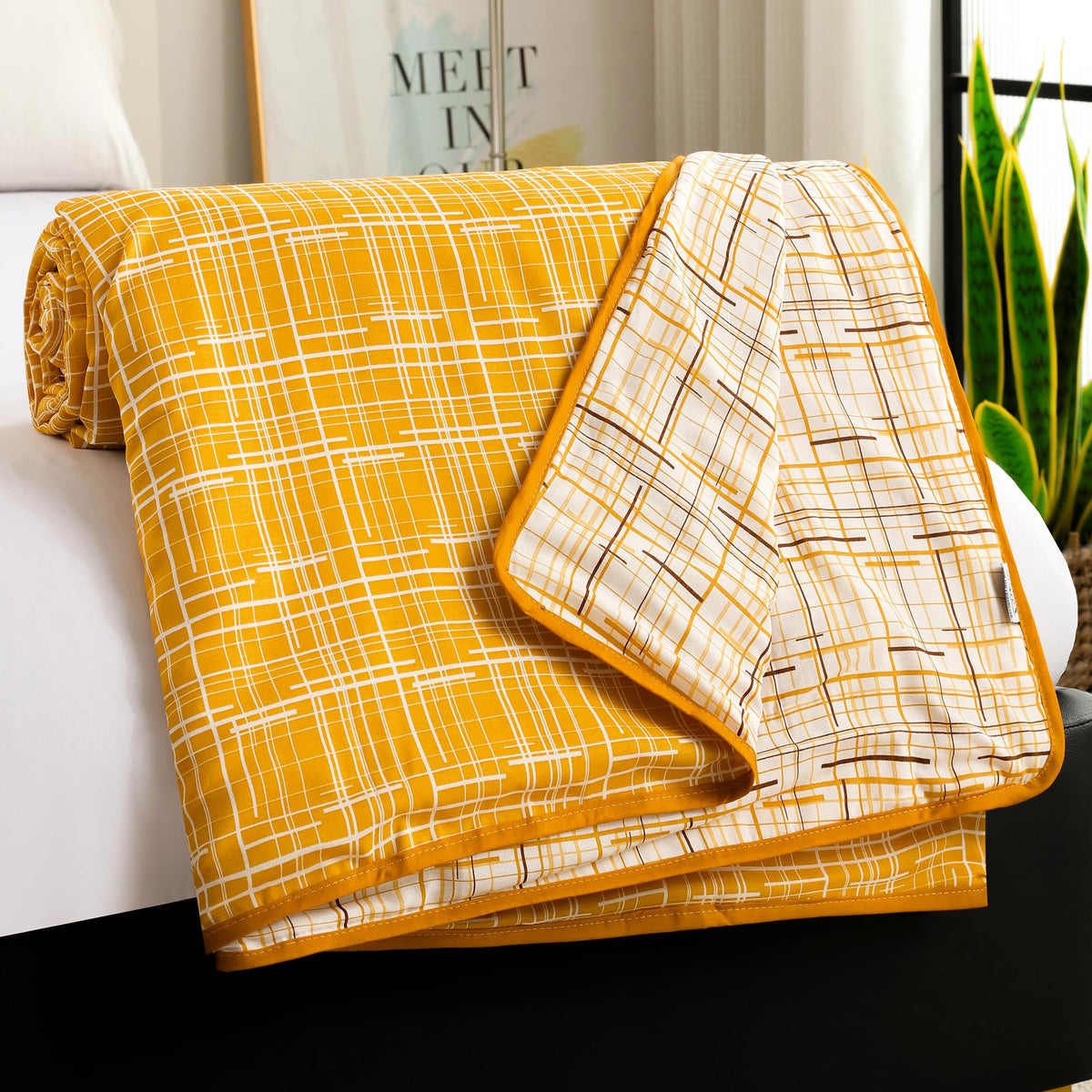 Story@Home Dohar Double Bed Cotton 100% | 150GSM 225 x240 cm Quilt AC Blanket for Summer | AC Comforter Double Bed | Yellow & White | Criss Cross Reversible Design Duvet | All-Season Blanket Kafalo