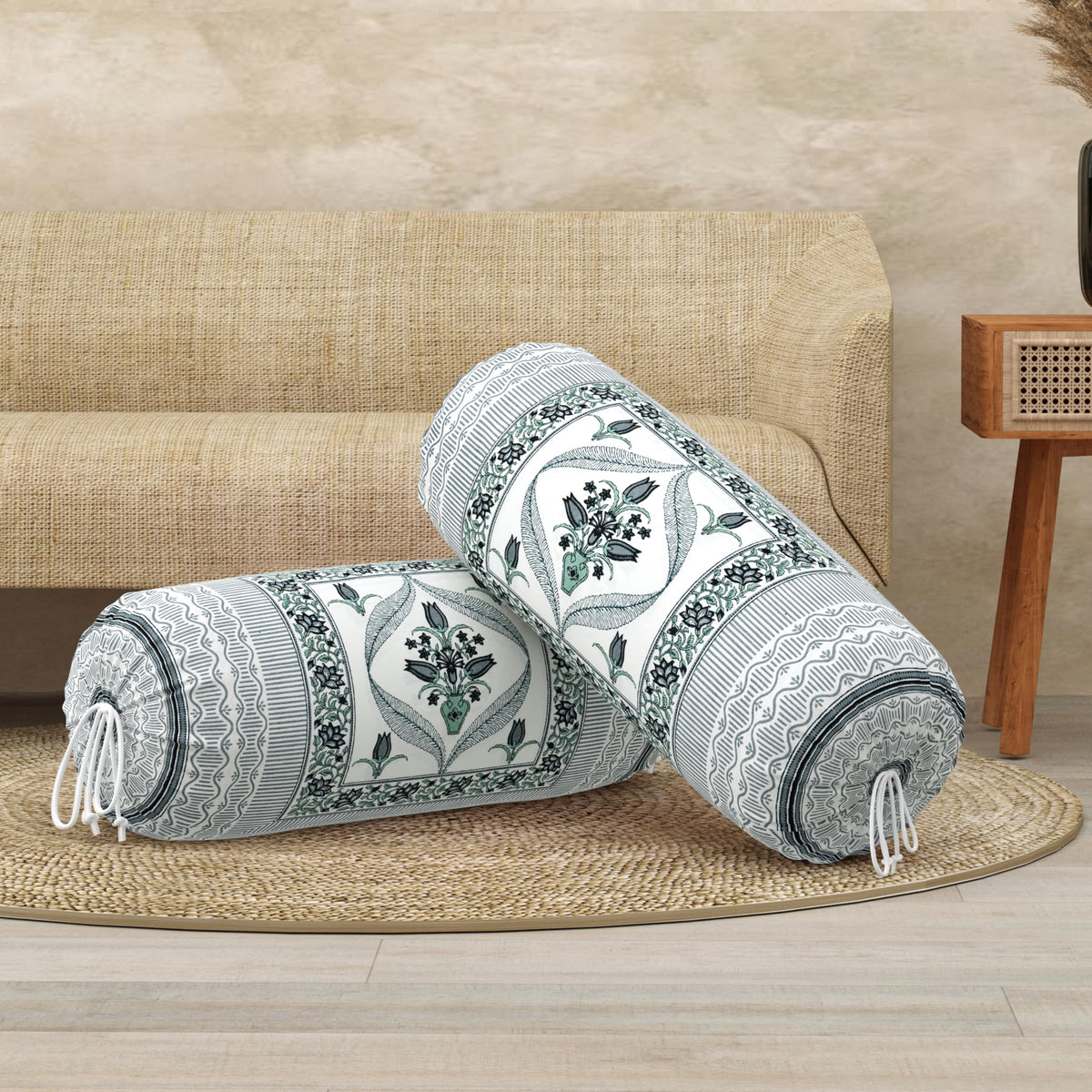 BLOCKS OF INDIA Cotton Hand Block Printed Bolster Cover | Booster Cover with Drawstring | Round Long Pillow Cover for Bed | Dewan Pillow Cover Set 16 X 32 | Set of 2 (Color 29)