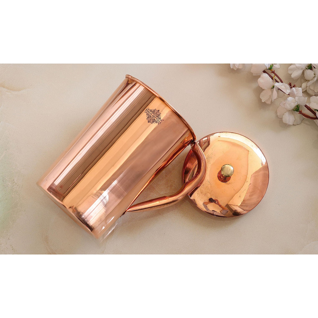 Indian Art Villa Plain Shine Design Copper Jug Pitcher with Brass Knob, Storage & Serving Water, Yoga Ayurveda Healing, Volume- 1500 ML
