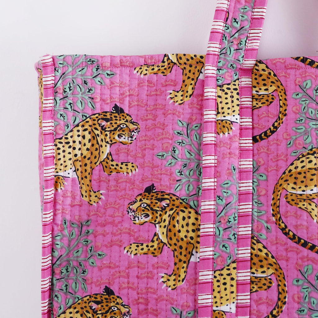 Ravaiyaa - Attitude is everything Women & Man Beautiful Printed Cotton Grocery Shopping Bag | Shoulder Bag | Cotton Tote Bag | Travel Tote Bags 18x5.5x16 Inch (Pink Jaguar)