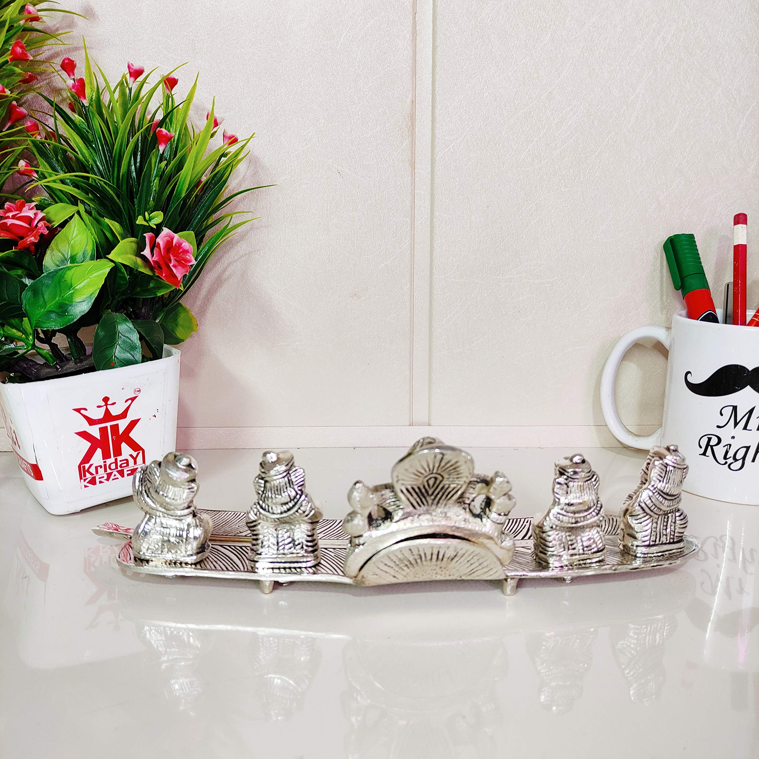 KridayKraft White Metal 5 Ganesh Silver Plated with Musical Instrument on Leaf for Home Décor Musical Ganesha for Home Décor of Corporate Gift, Diwali, House