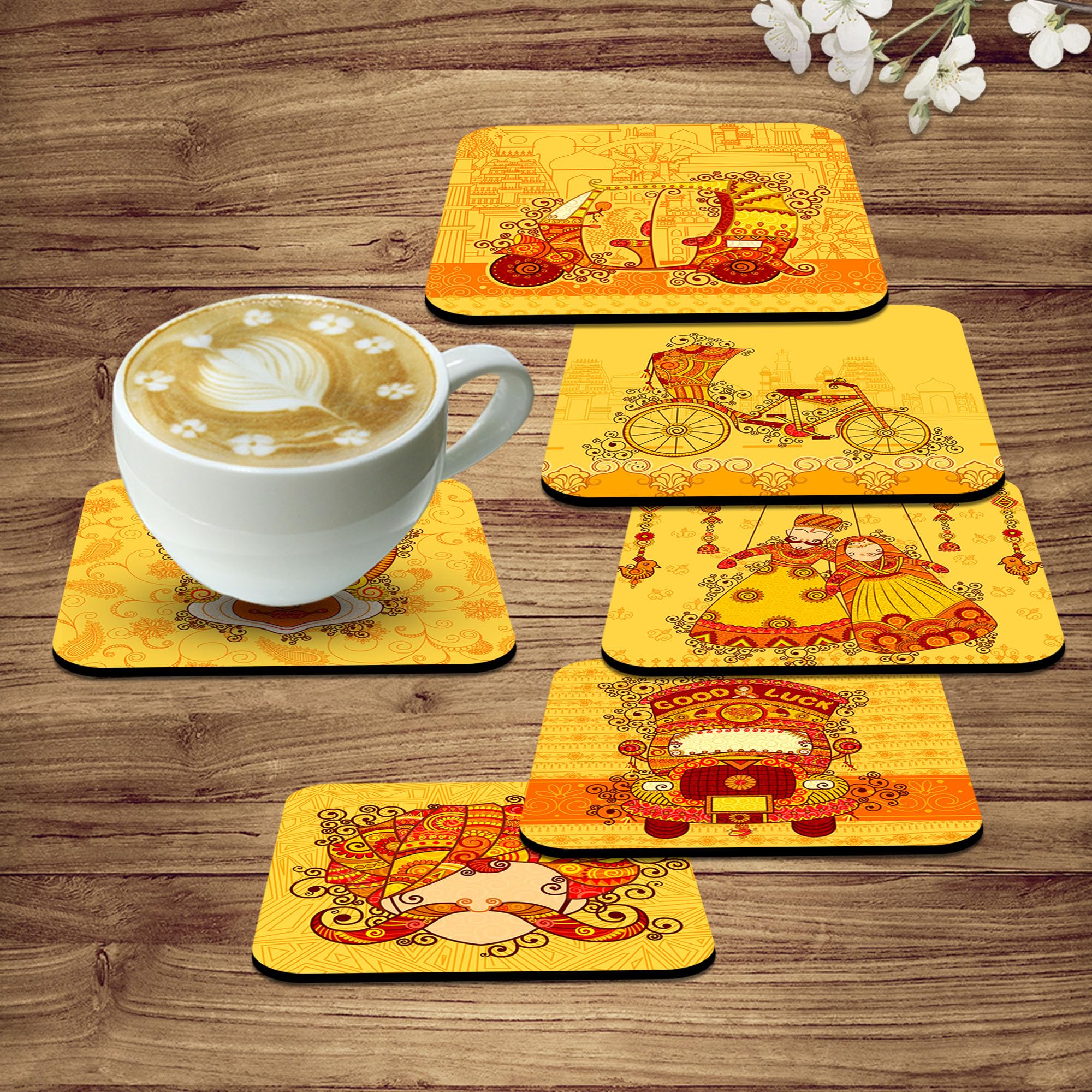 Artvibes Printed MDF Wooden Coasters for Home and Kitchen | Dining Table Decor | Square Coasters | Kitchen Decorative Items | Table Decoration | Home Decor (Set of 6 | 4x4 Inch)(Cultural Art) TC_2003
