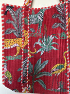 Vaishnav Exports Red Jungle Print Quilted Cotton Tote Bag for Women | Handcrafted Wildlife-Themed Shoulder Bag | Eco-Friendly Reusable Carryall for Travel, Grocery, Beach & Daily Use