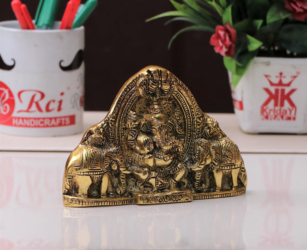 KridayKraft Ganesh Wall Hanging with Elephants for Door Entrance Decorative Showpiece - 12 cm (Aluminium, Gold)