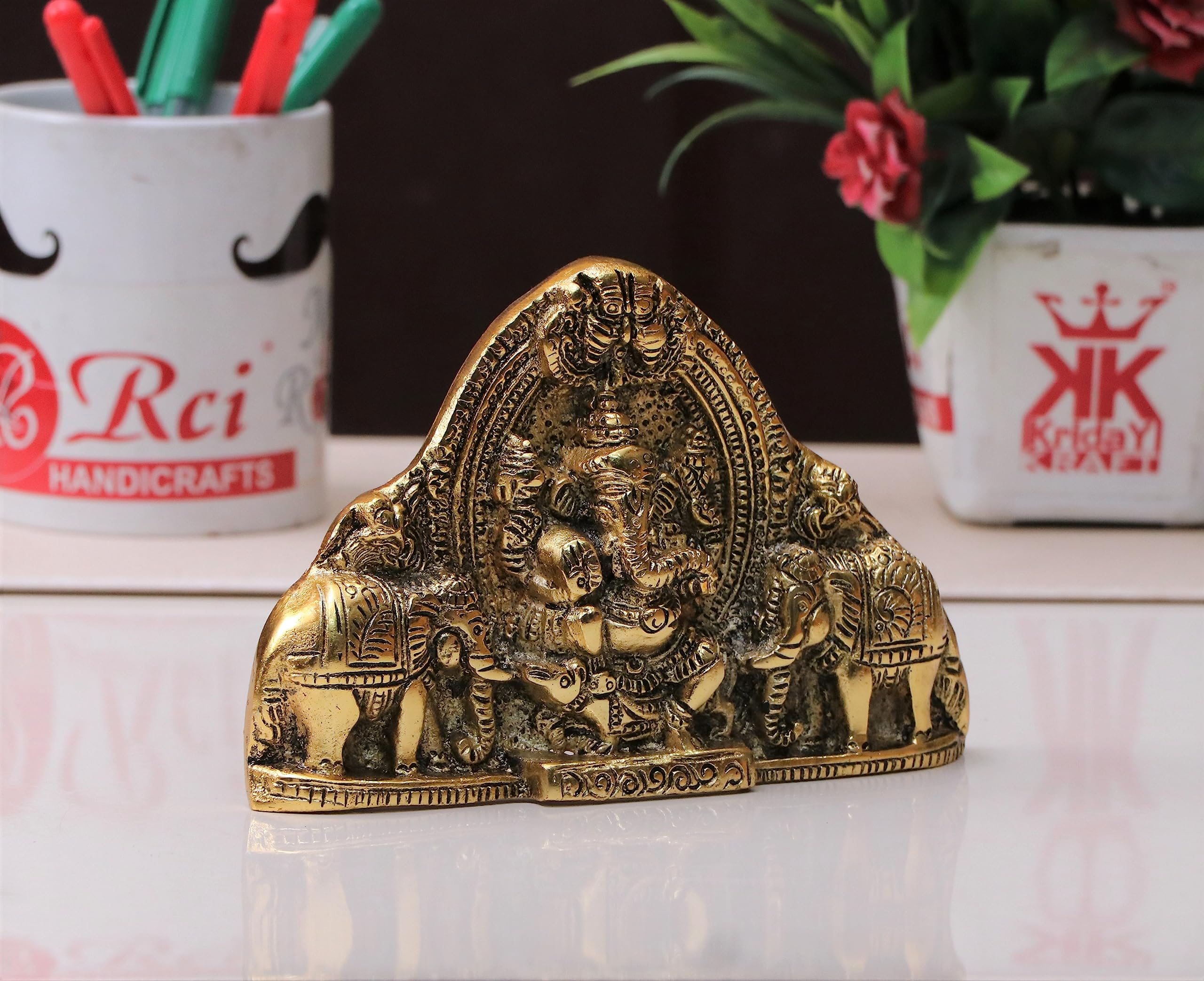 KridayKraft Ganesh Wall Hanging with Elephants for Door Entrance Decorative Showpiece - 12 cm (Aluminium, Gold)