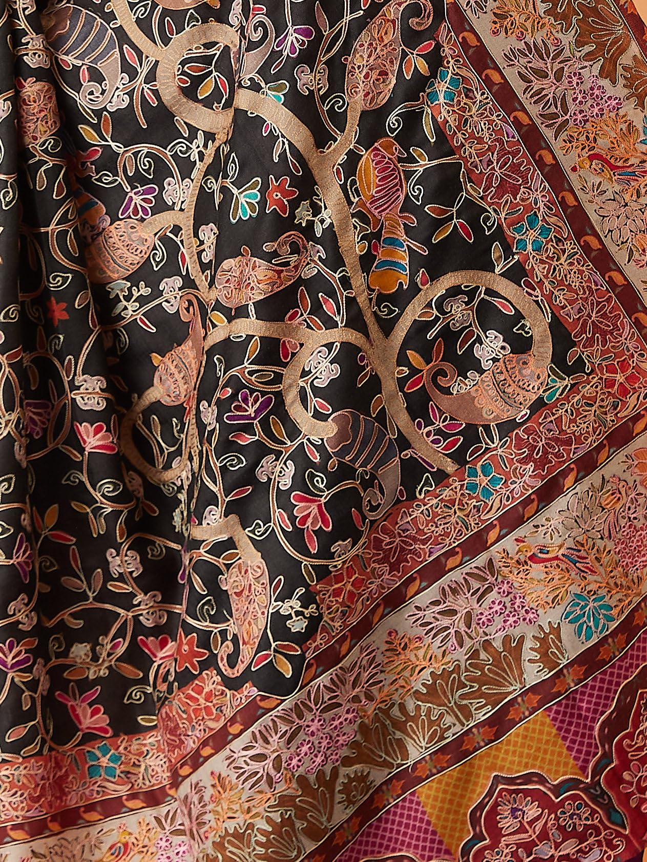 Pashmoda Women Bahaar Fine Wool Fabric Pashmina Kalamkari Embroidered Shawl, Stole and Wrap, Sustainable and Natural Fabric, Heritage Kashmiri Pashmina(Size 40x80)