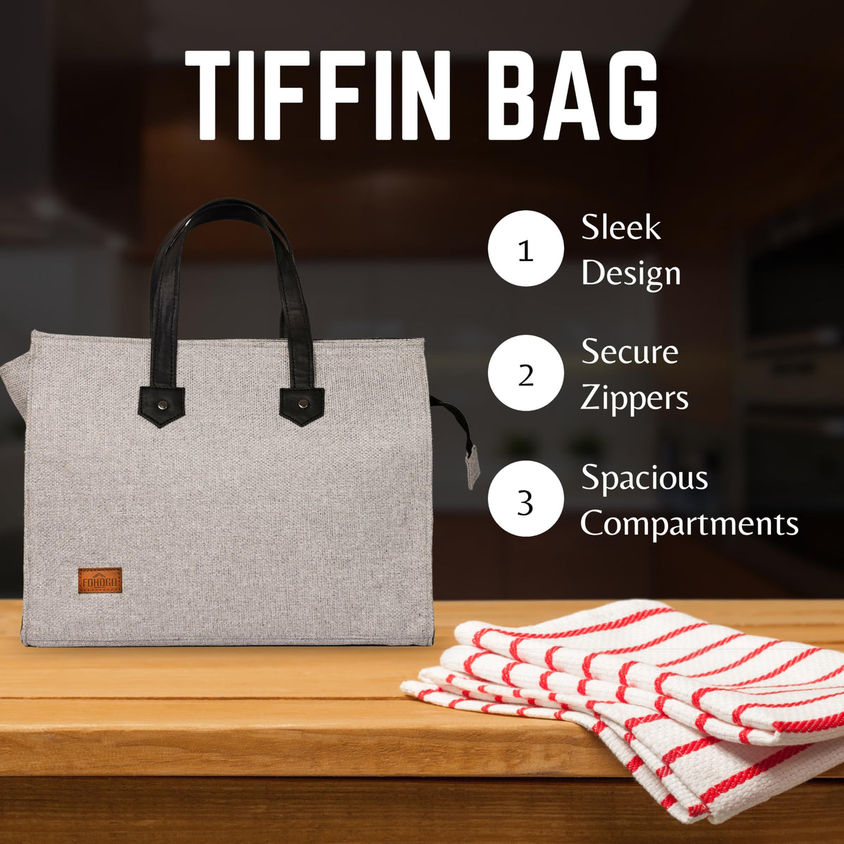 FOHOGO Jute Bag for Unisex | Lunch Bag/Tiffin Bag/Carry Bag/Jute Bag | Tote Bag for office (Light grey, Large (12”x16”x7”))
