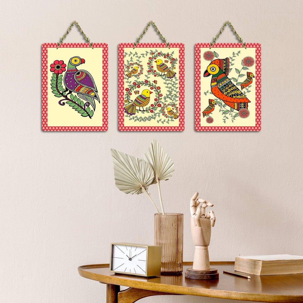 Artvibes Birds on Branch Madhubani Art Wooden Art Decoration Item for Home | Garden Balcony| Stylish Modern Decoration Item | Festive Decor | Wall Illustrations | Gift Items (WH_96179N), Set of 3