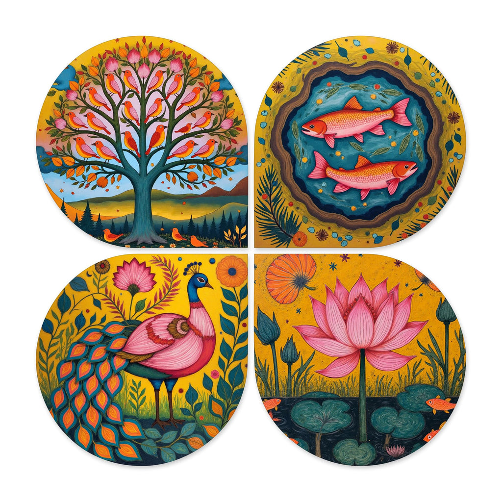 Artvibes Nature Decorative MDF Wooden Wall Art for Home | Art For Wall | Wall Sculpture | Signs & Plaques | Festive Decor | Wall Art Print | Handcrafted Art | Unique Gift Items (WH_8461N), Set of 4