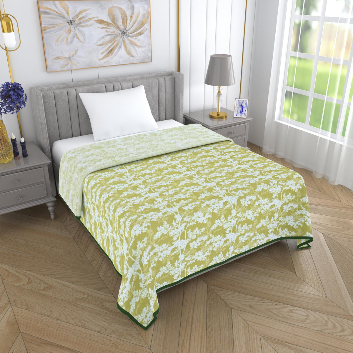 Mafatlal Sparsh Single Bed Cotton Dohar, 150 GSM Pure Cotton Malmal, Reversible AC Blanket Single, Soft Breathable Lightweight Cotton Blanket, 58 x 88 Inch, Laurel Green Kafalo