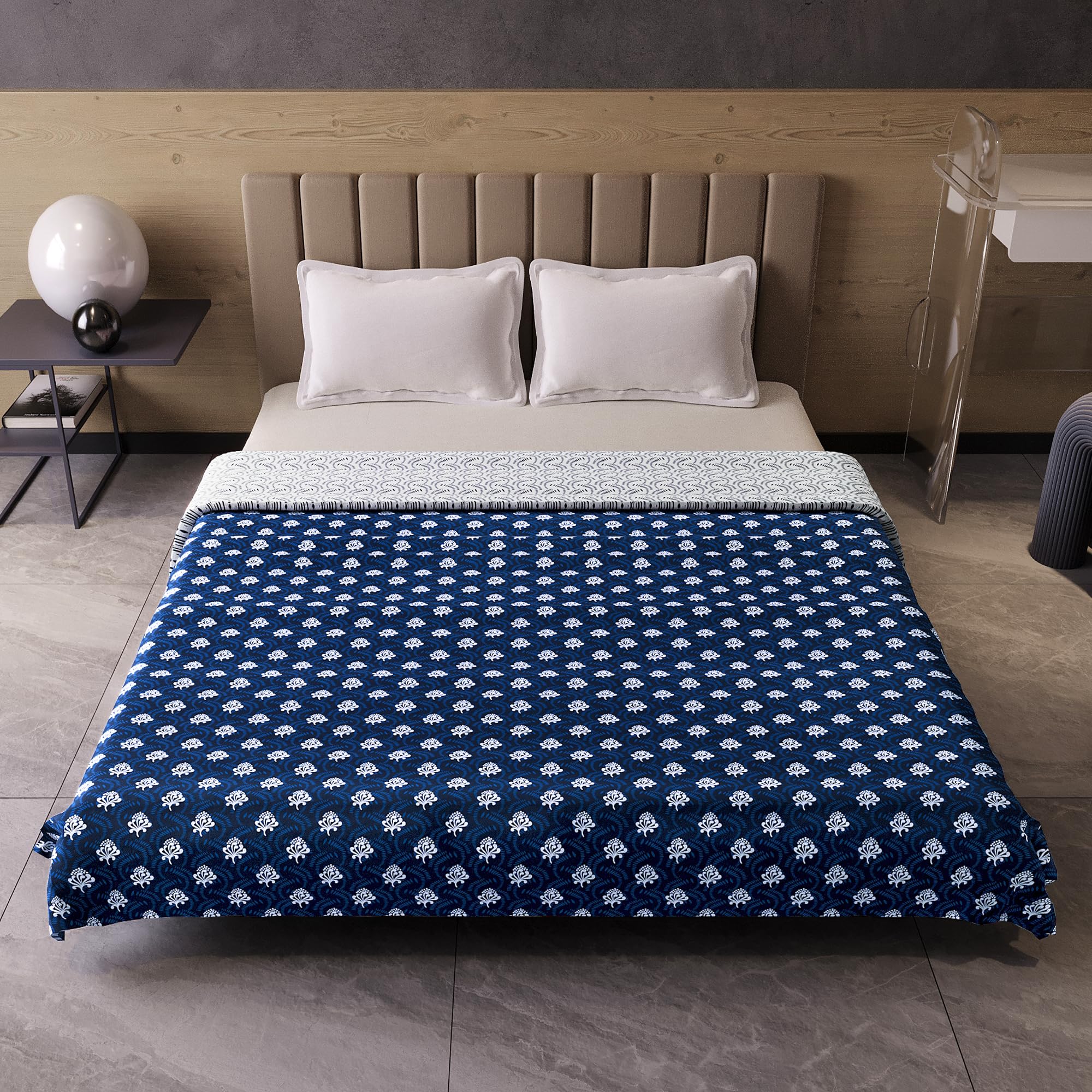 Divine Casa 120 GSM Microfibre Reversible Soft Lightweight Floral Printed Double Bed AC Dohar Blanket for Mild Winter - Navy Blue (Size 205 x 220 cm or 81 x 87 inch)| TC - 120 Kafalo