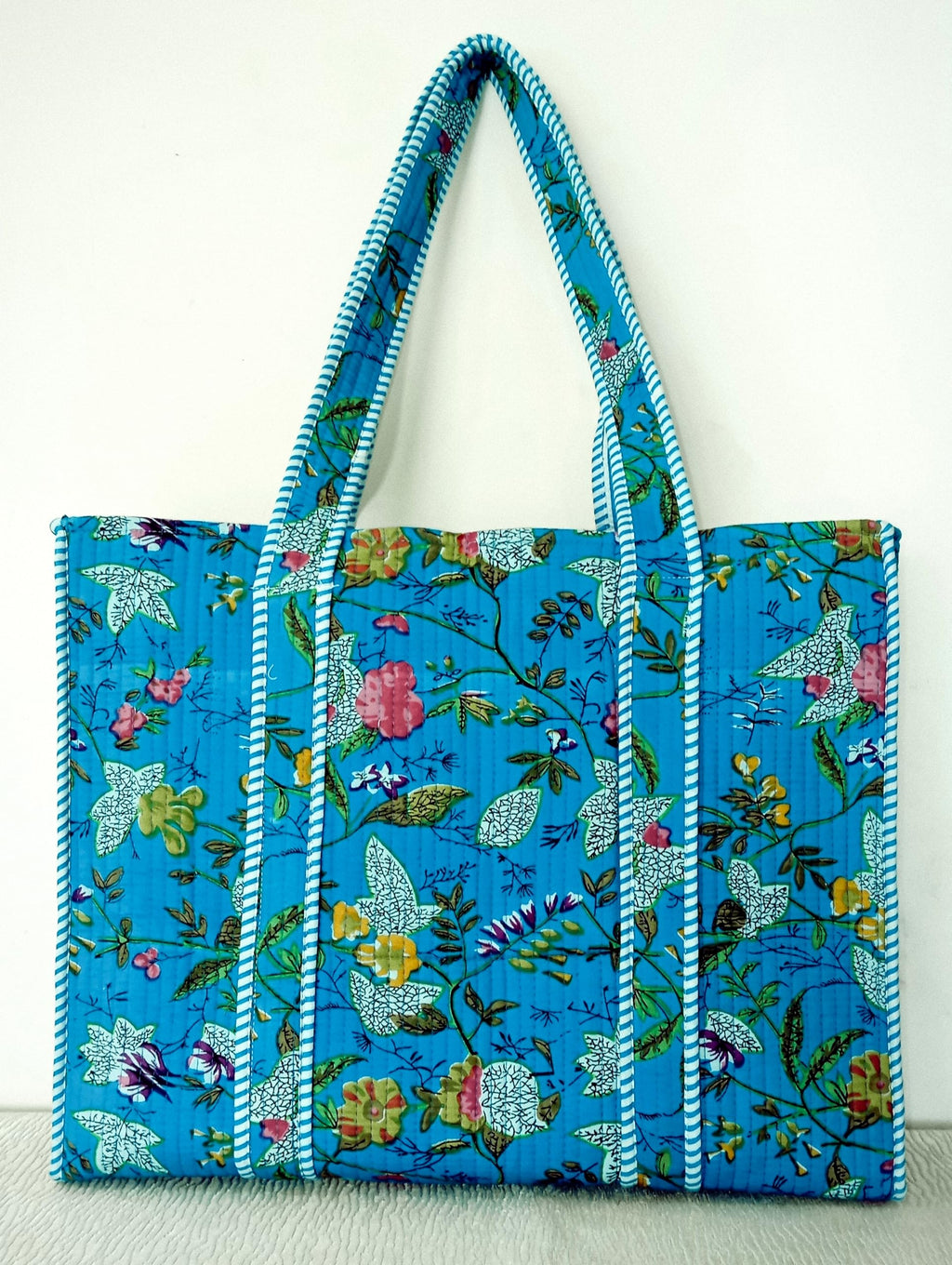Cotton Tote bag for Women | Shoulder Bag | Durable Shopping bag | Reusable Grocery Bags | Eco friendly Bags| Handmade Cotton Bag | Stylish Quilted handBag |Vegan Tote Bag (TURQOISE Blue MULTI)