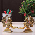 KridayKraft annapakshi deepam Set of 2 pca Metal Handmade with Curved Oil Lamp Antique Peacock Deepak for Home Decor Temple Puja Office Counter Diwali Decoration Festival Gift (Light)