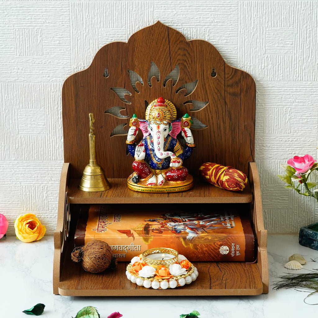 eCraftIndia Flower and Swastik Design Wooden Temple for Home with 3 Shelf | Pooja Mandir for God Idols, Sacred Spaces, and Daily Prayers | Home Temple | Diwali Decoration Items for Home Decor