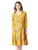 Miss Olive Women's Wrap Knee-Long Dress (MOAW18D30-25-29_Yellow_Medium)