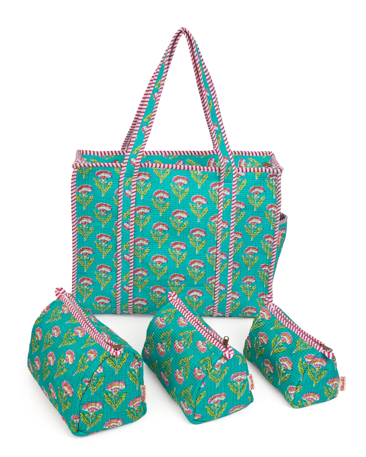 NIKAVIK 1 Tote Bag and 3 Pouches | Jaipuri Quilted fabric Handblock Printed Tote Bag (with zip closure and bottle compartment) with Matching Pouches (Aqua Blue Pink)
