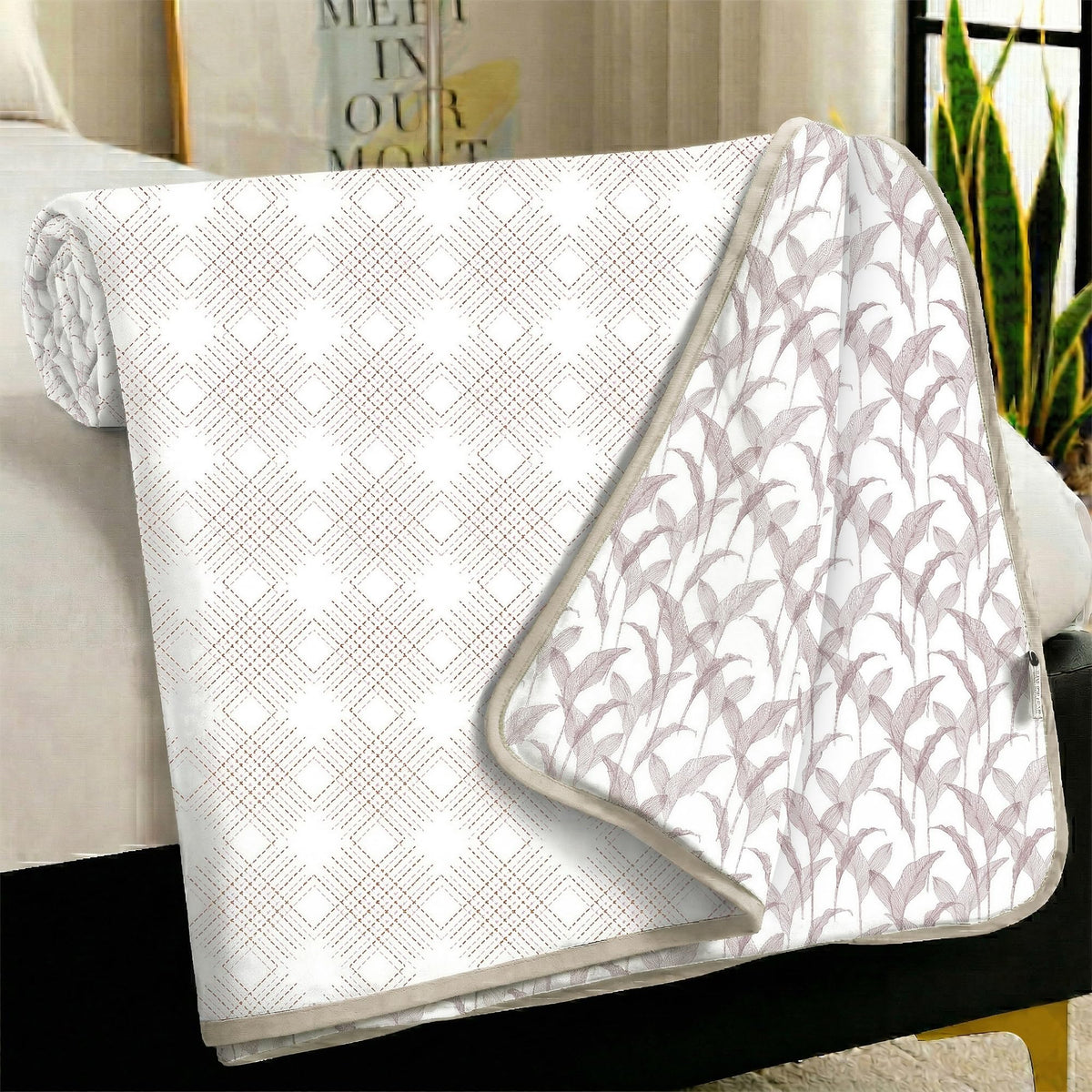 Story@Home AC Quilted Queen Size Bed Cotton 100%| 150GSM 144x220 CM Quilt AC Blanket for Summer | AC Comforter Single Bed | White & Magenta, Dashed line & Leaf Reversible Design| All-Season Blanket Kafalo
