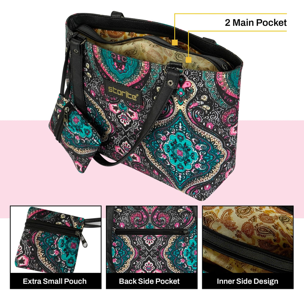 Storite Women's Tote Bag With Leather Handles & Embroidery Printed Handbag With Zip Pockets, Shoulder Tote Bag And Handbag For Office And College (25x24x9Cm)